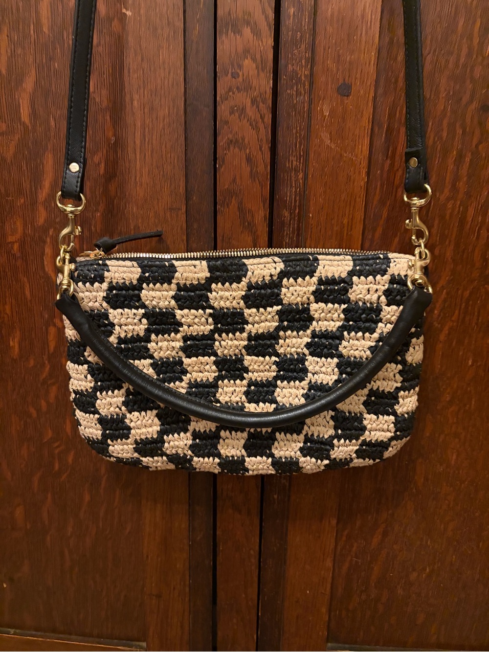 CLARE V.*hard to find* Petite Moyen Black + Natural Check Raffia Crossbody Bag